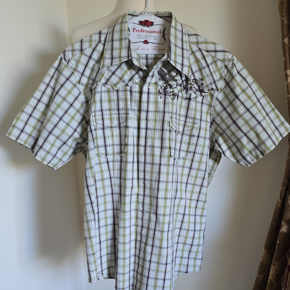 7 Diamonds Men's Green & Brown Plaid Shirt